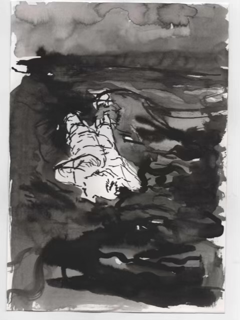 Inky grey sky sits at the top of the page moving down into a darker choppy looking ocean. In the middle of the picture a figure stands out mostly left white with a few black lines of detail. They are floating on the water their left foot completely submerged, due to the angle we cannot see their face.