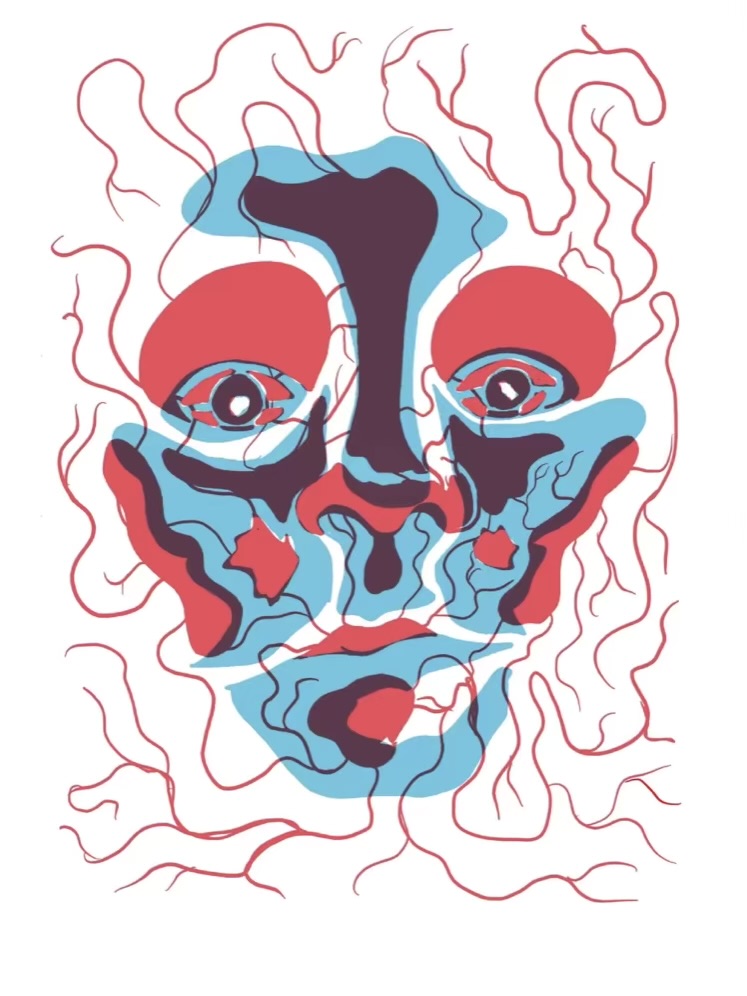 An under-lit face made of translucent red, blue and purple shapes looks out. Under the face red veins branch around the page.