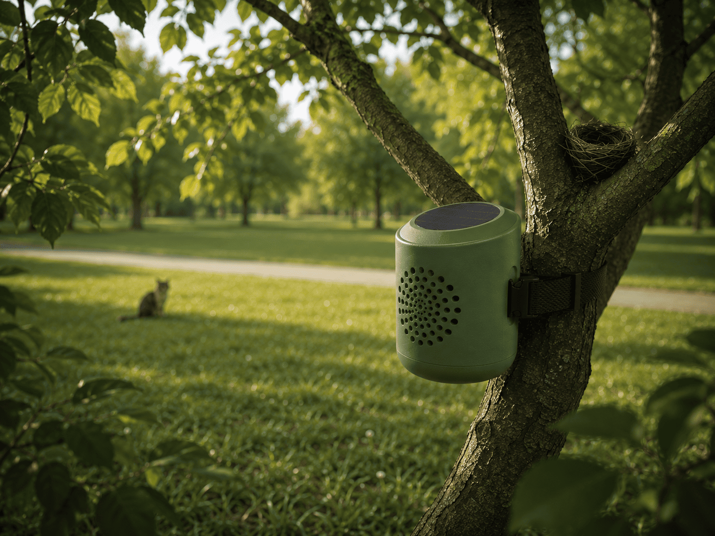 Smart bird-protection device strapped to a tree, featuring cat detection and localized audio deterrent technology to safeguard low-nesting birds in a public park.
