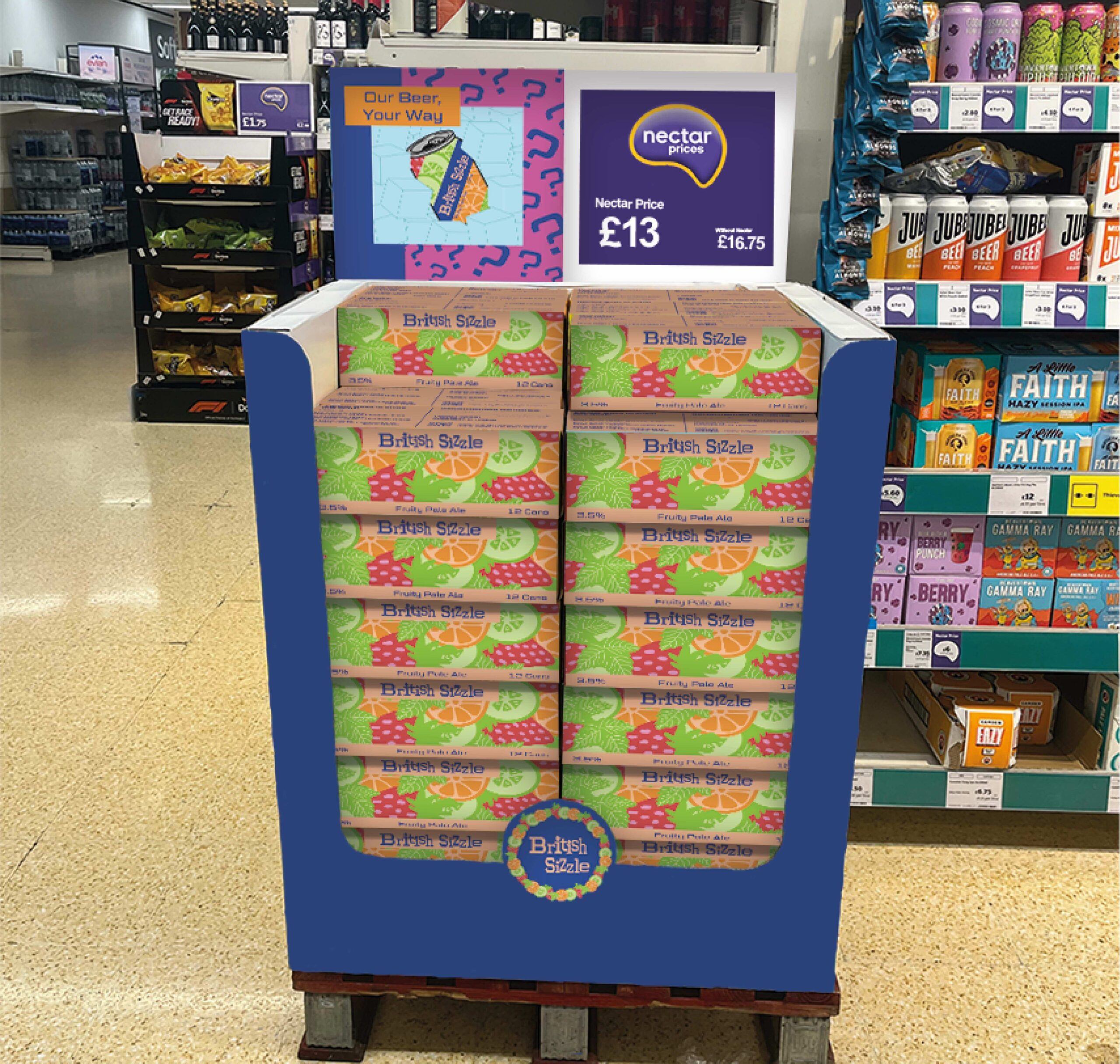 British Sizzle boxes on a stand in a supermarket