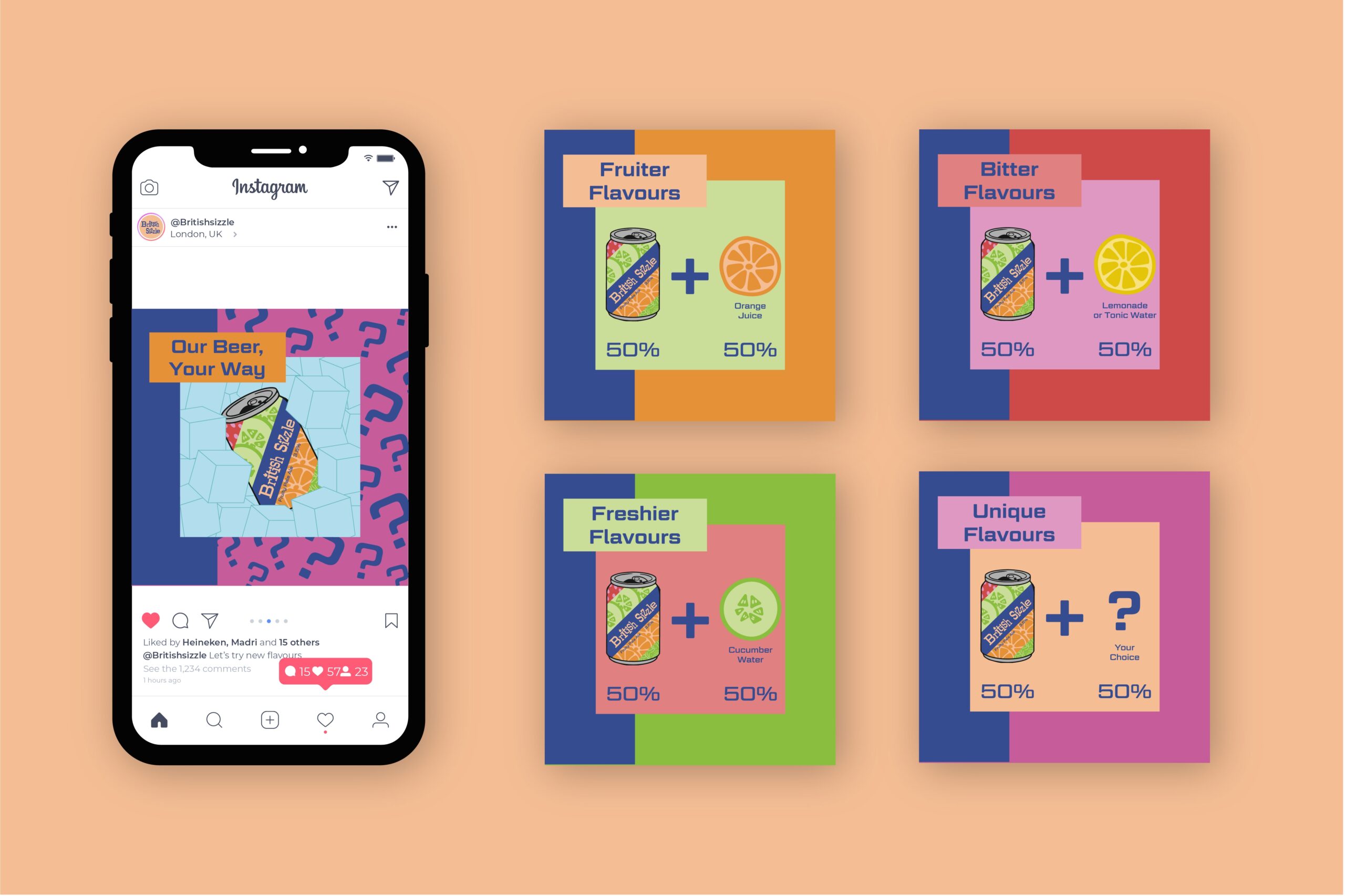 The social media campaign with one design on a phone and 4 other designs