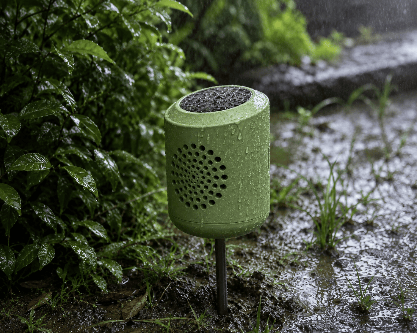 Mind the Nest device installed outdoors in wet soil during rainfall, demonstrating waterproof ecological deployment in a natural urban environment with subtle matte texture, perforated acoustic surface, and rain-resistant construction.