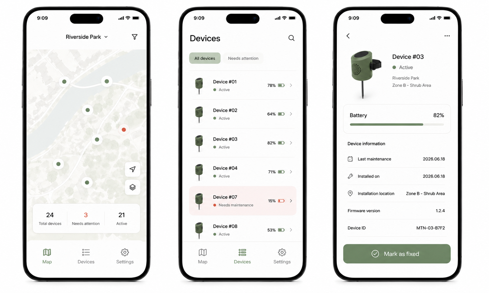 Mobile monitoring interface for the Mind the Nest ecological infrastructure system, showing park-wide device deployment, battery status, maintenance alerts, and remote management tools for urban wildlife protection.