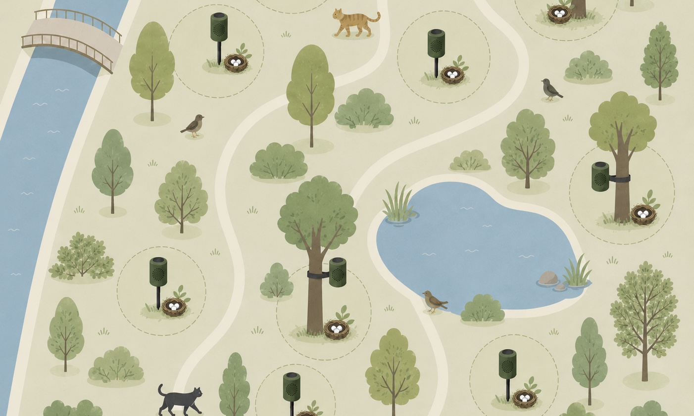 Illustrated system map showing multiple Mind the Nest devices distributed across an urban park to protect vulnerable bird nesting areas while reducing cat disturbance through coordinated ecological monitoring.