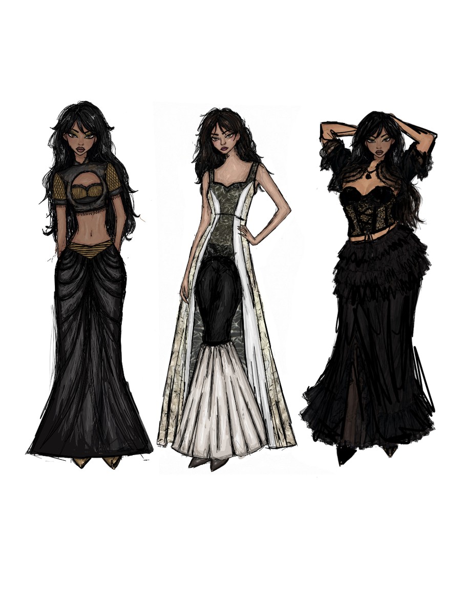 Fashion illustration lineup showing three gothic-inspired womenswear designs in black, white and gold.