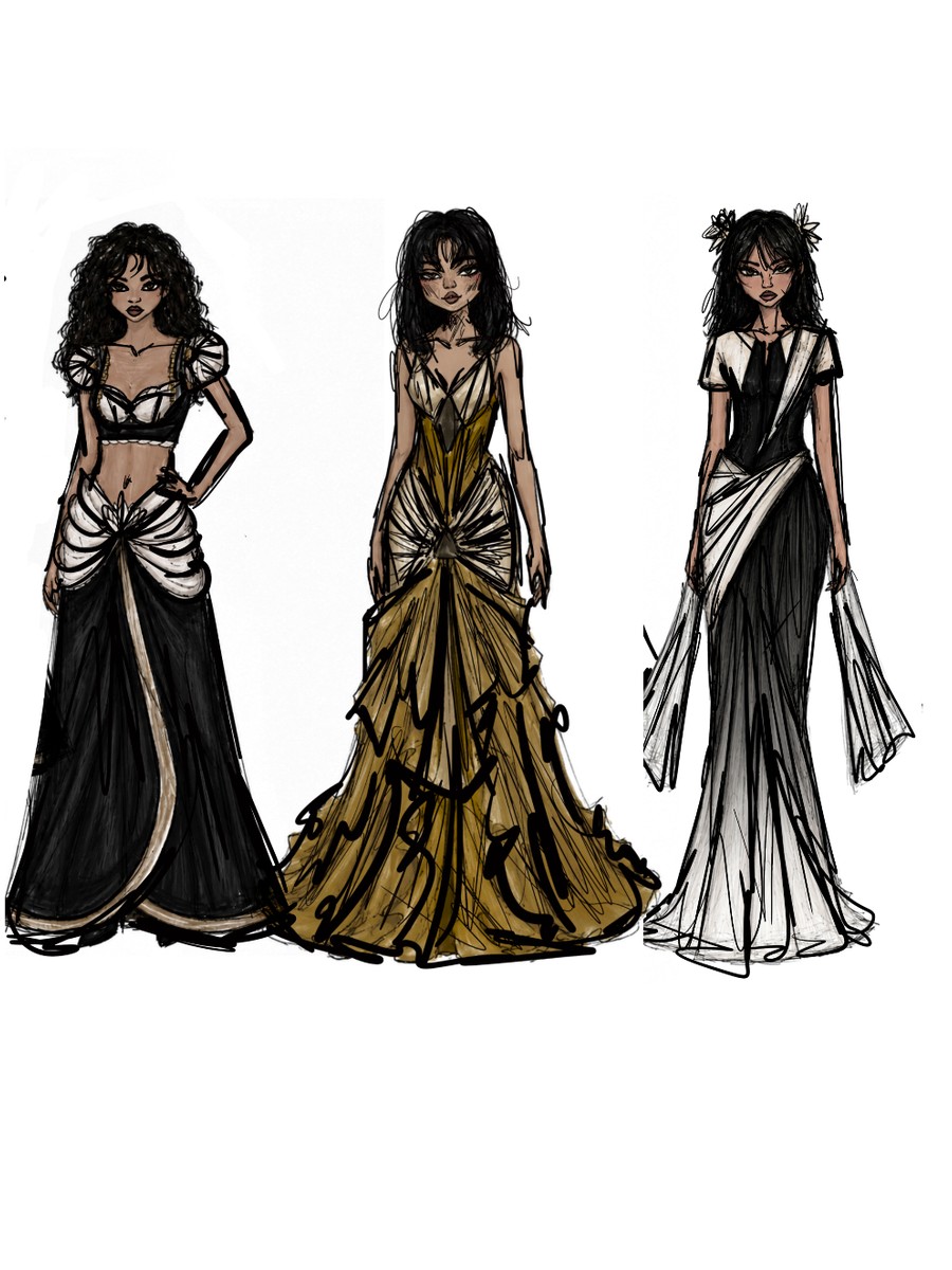 Fashion illustration lineup showing three gothic-inspired womenswear designs in black, white and gold.