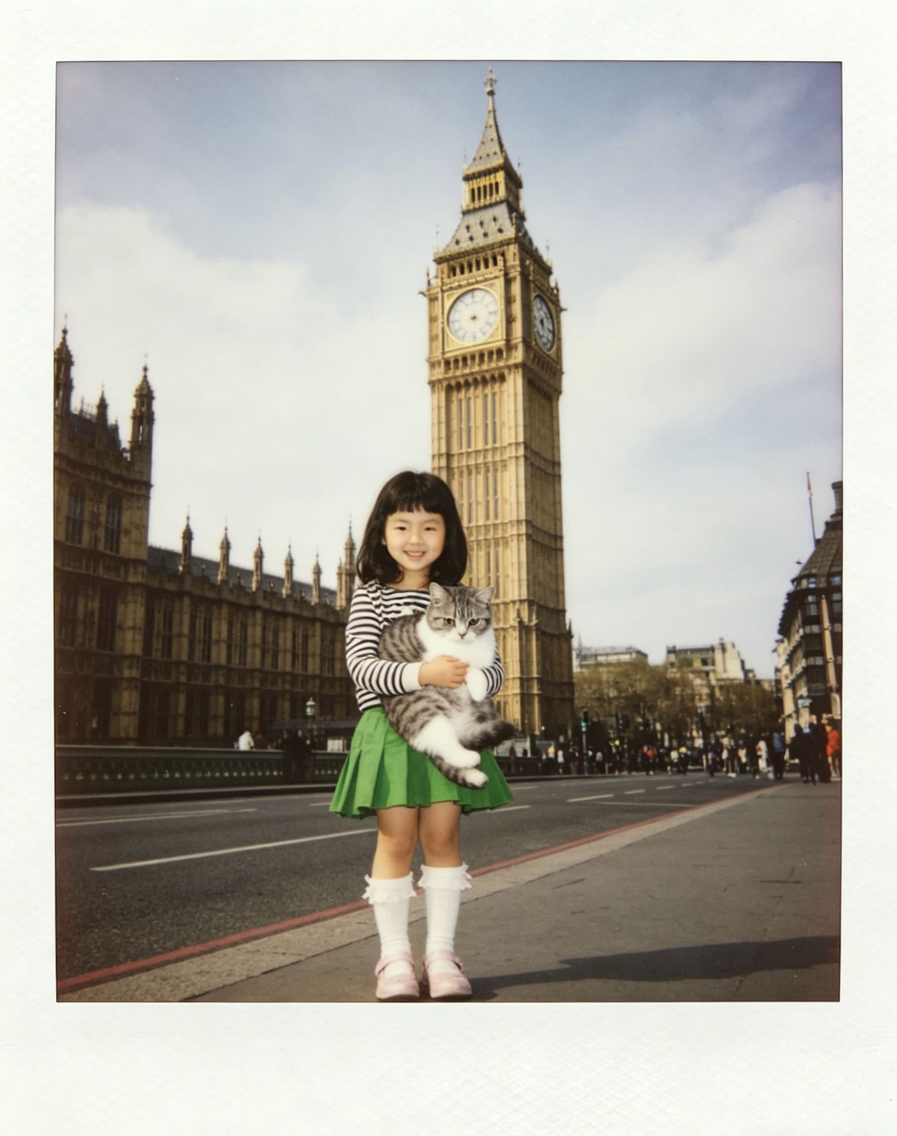 AI-generated childhood-inspired portrait imagining me in London holding a cat, expressing my long-standing interest in animals, travel, and emotional connections between people and cities.