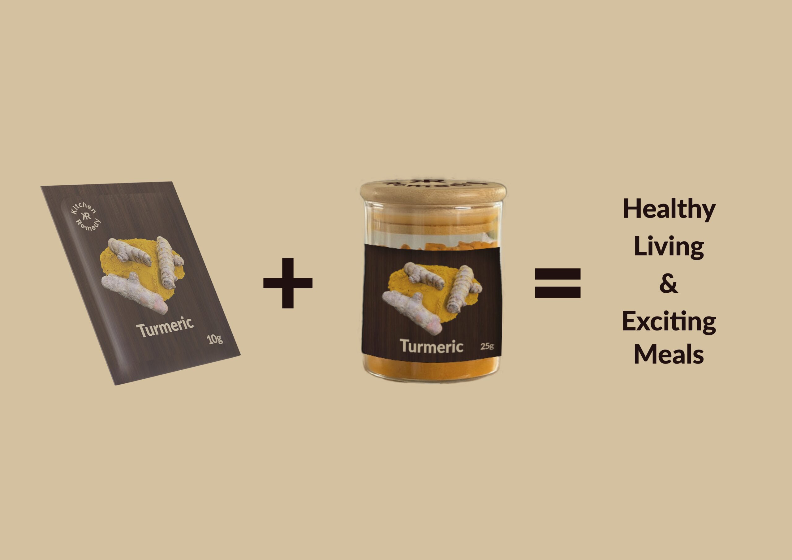 An equation which shows how the brand works - one packet plus one jar equals healthy living and exciting meals
