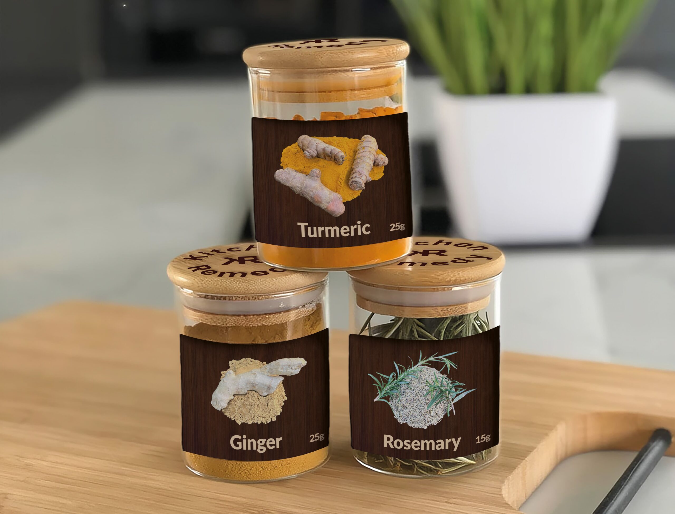 Three jars stacked with the label design on