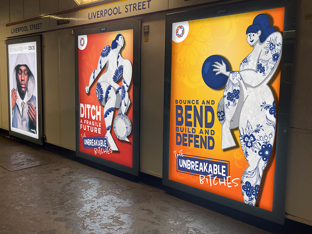 Posters adveritising Unbreakable Bitches. They have dynamic illustrations of women exercising.