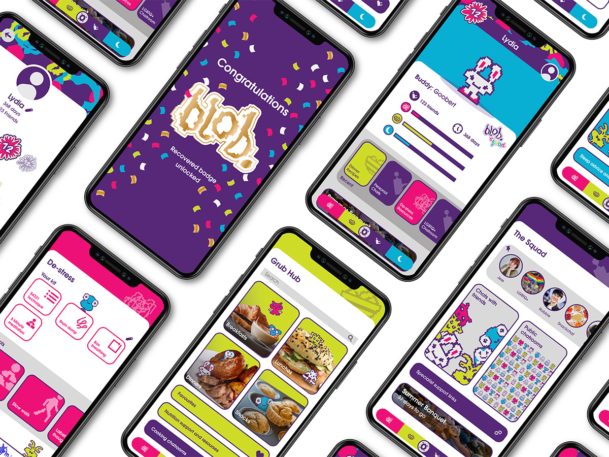 A showcase of the Blob Squad app pages including; the recovered page, stress page, grub hub page, community page and profile page.