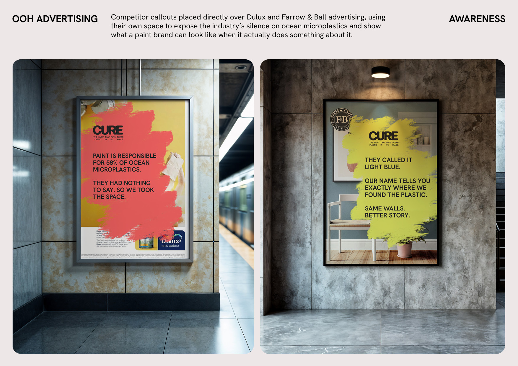 Two out of home ads placed over existing Dulux and Farrow and Ball advertising, with CURE copy challenging the industry's silence on ocean microplastics.