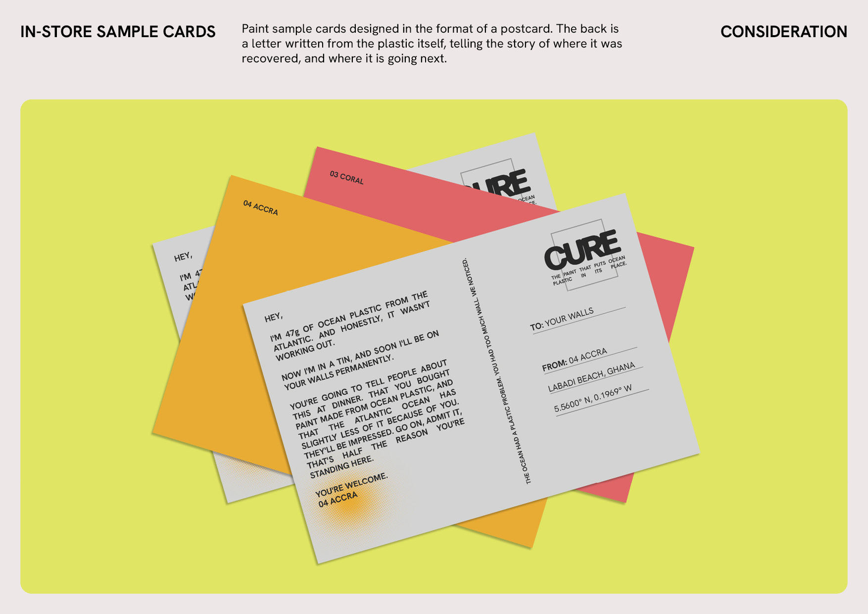 CURE paint sample cards designed as postcards, each colour telling the story of where its ocean plastic was recovered from.