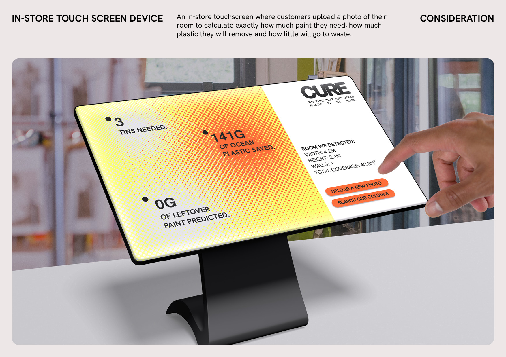 An in-store touchscreen showing room detection results including tins needed, grams of ocean plastic saved and zero grams of leftover paint predicted.