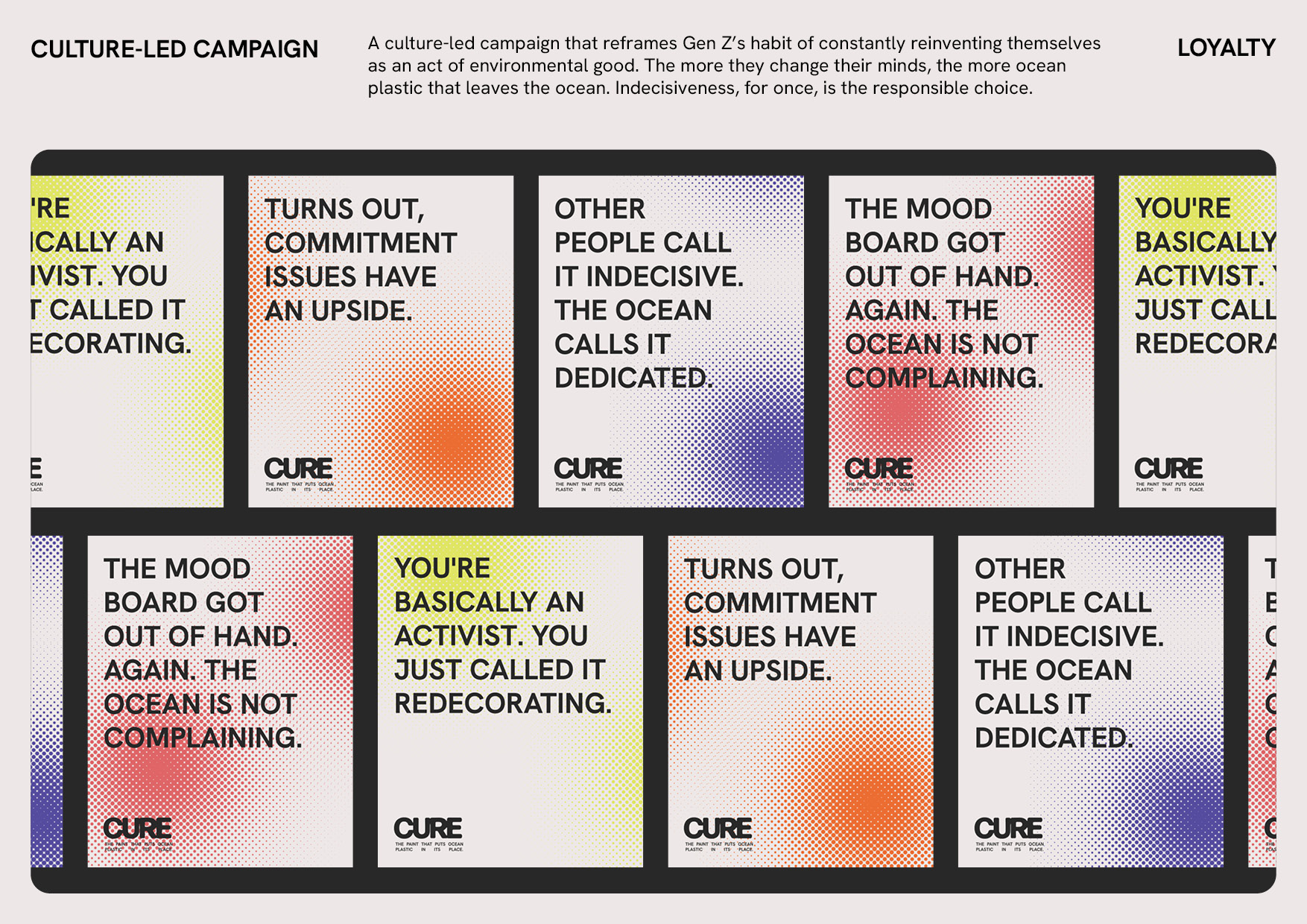 A grid of social media style campaign tiles with bold typographic copy reframing Gen Z redecorating habits as acts of environmental good.
