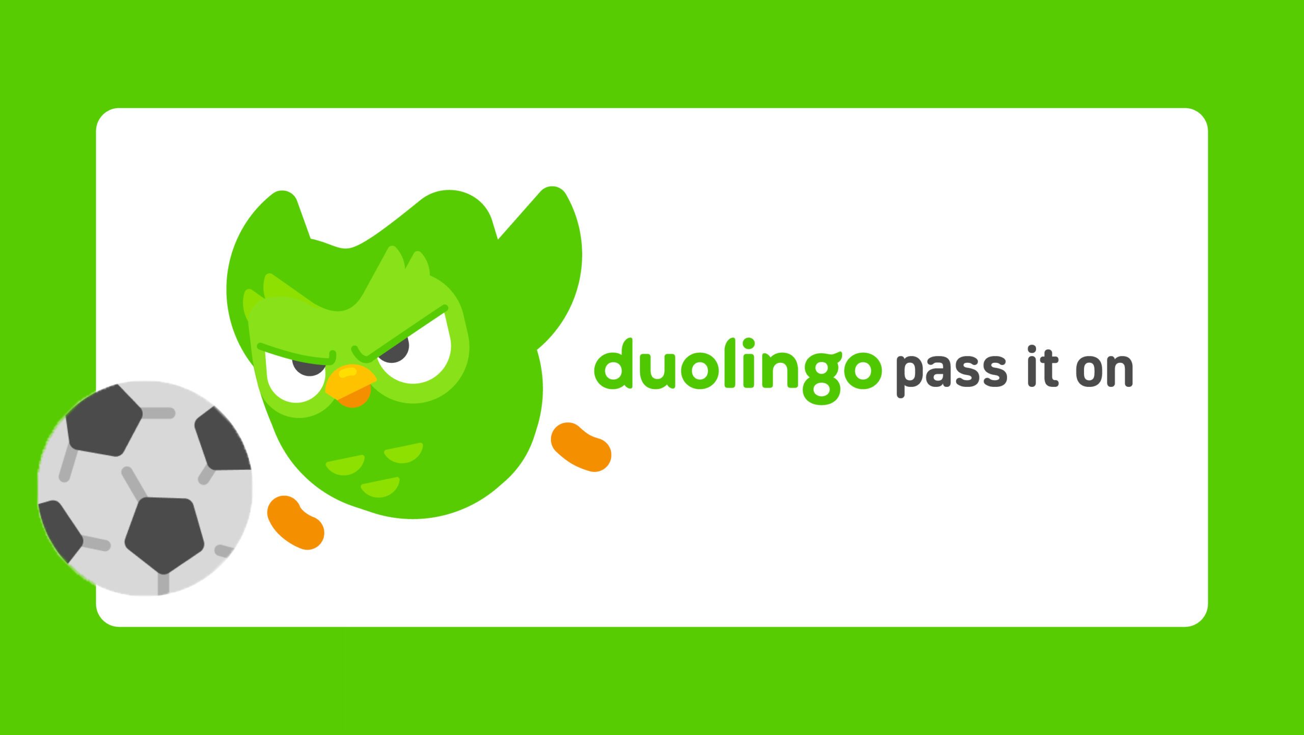 The Duolingo Pass It On title slide featuring the Duo owl mascot alongside a football and the campaign name in Duolingo's green and grey branding.
