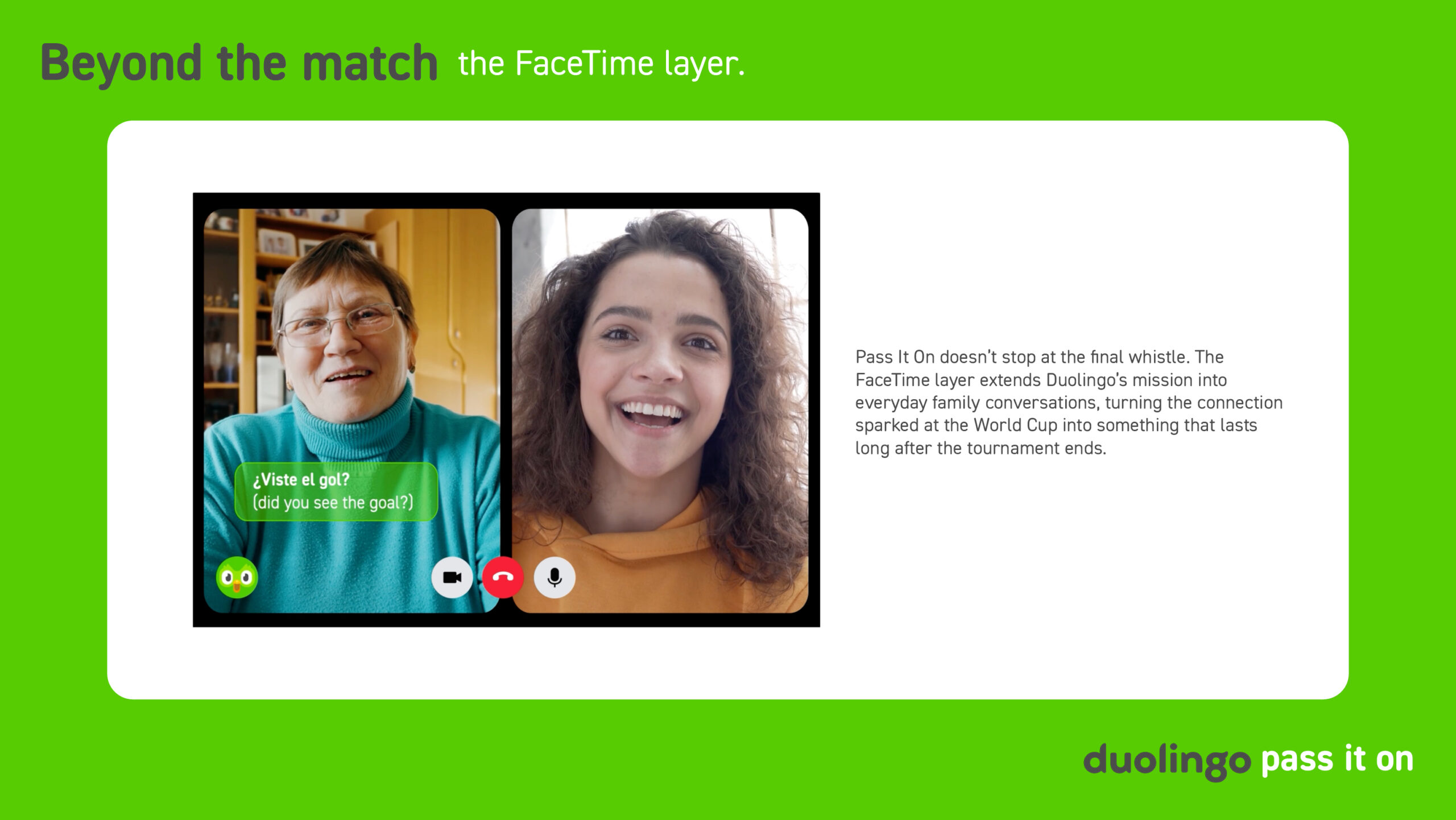 A slide showing a FaceTime call between a grandmother and granddaughter with a Duolingo language prompt appearing on screen.