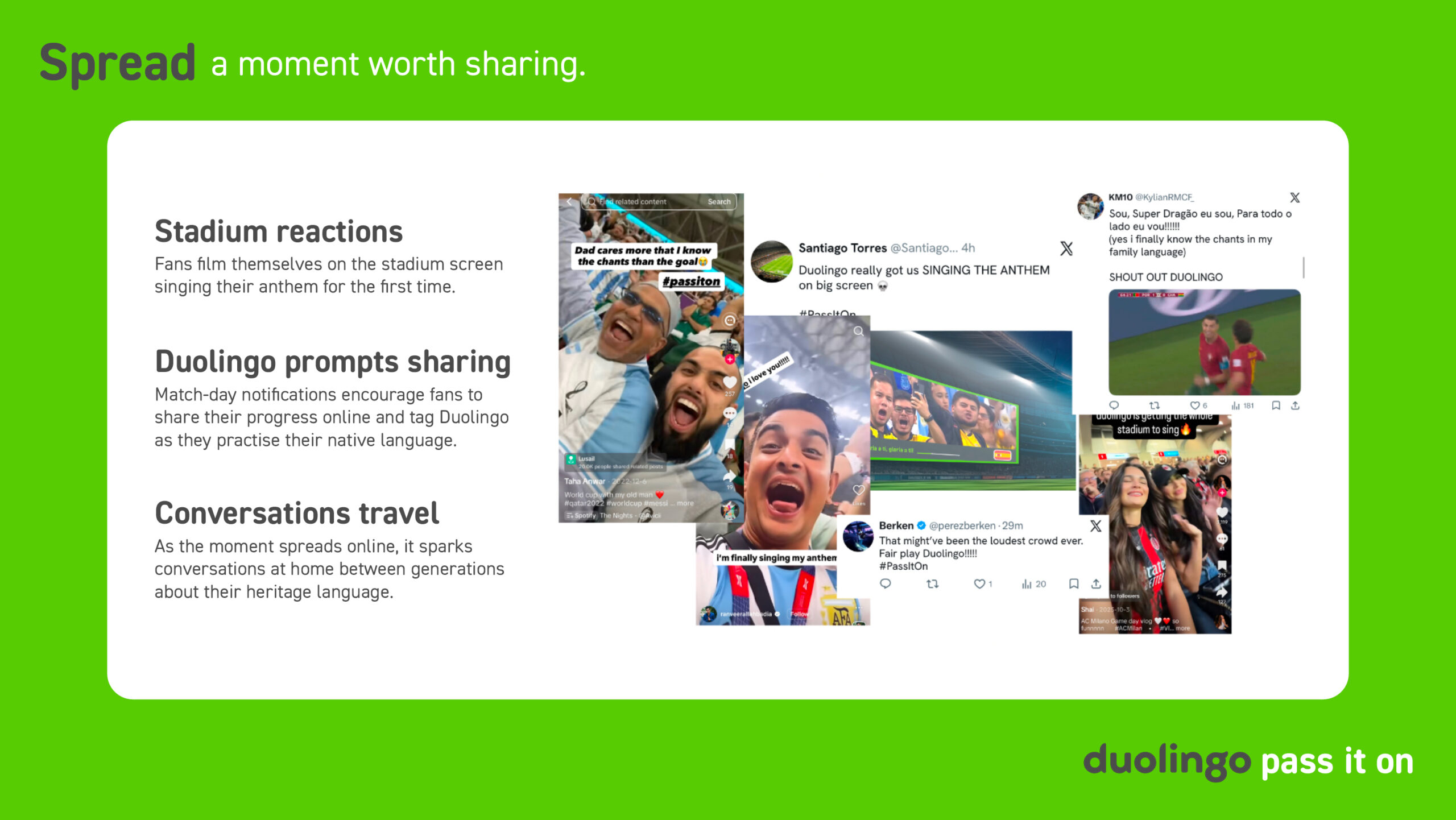 A slide titled Spread: a moment worth sharing, showing fan social media reactions, Duolingo sharing prompts and conversations travelling between generations.