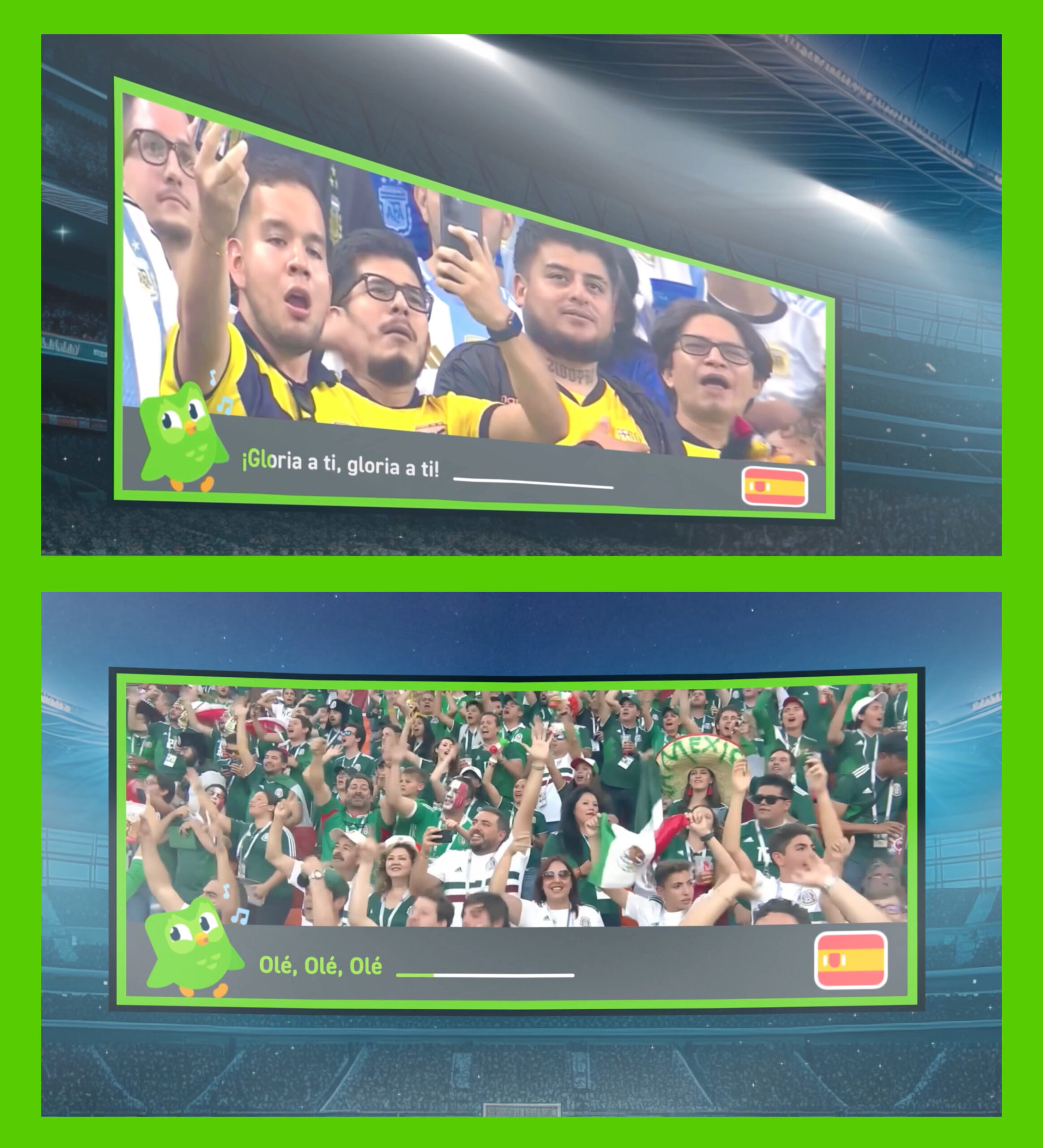 Two mockups of stadium big screens showing the Duolingo owl prompting fans with Spanish anthem lyrics.