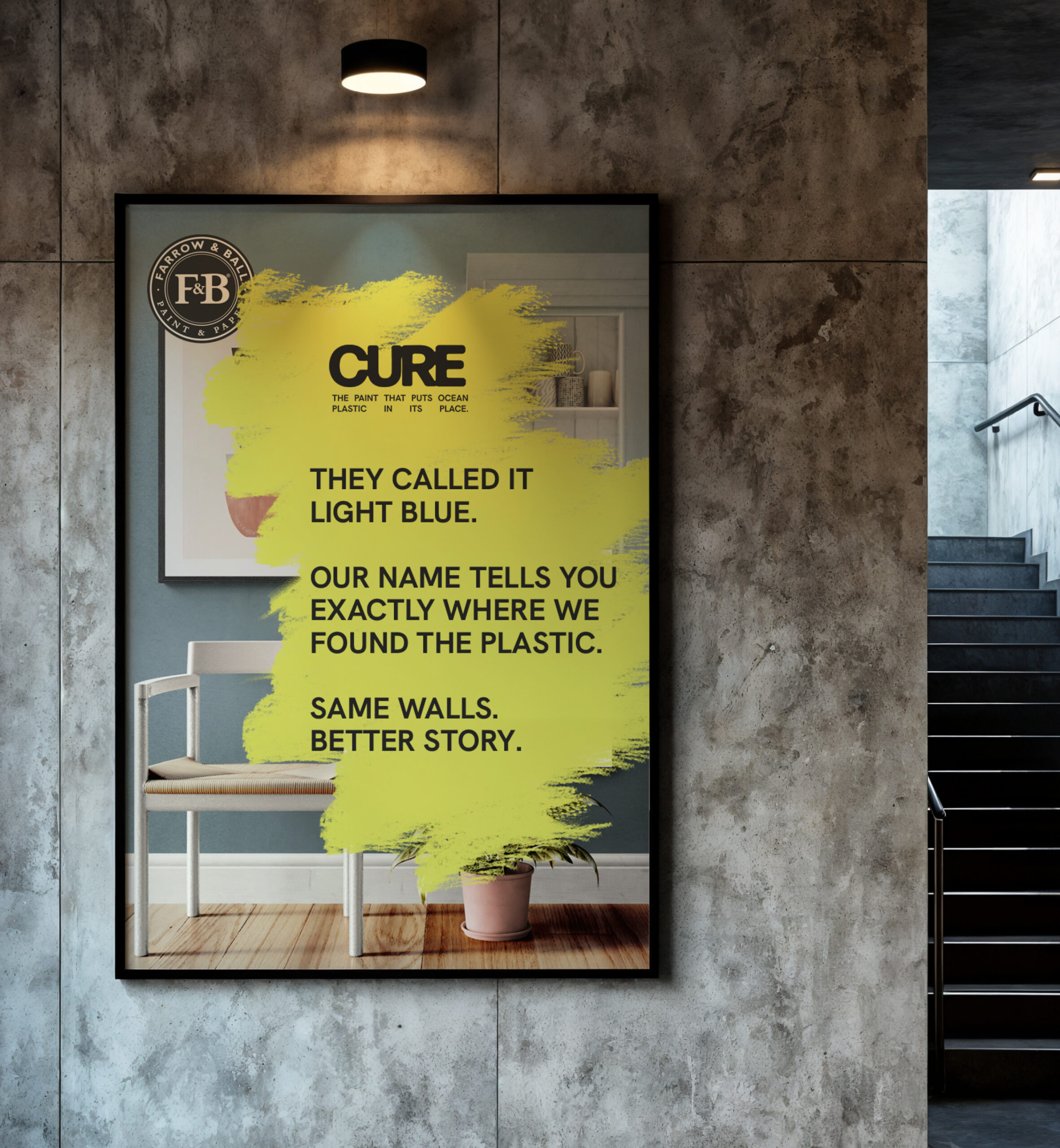 A framed CURE poster placed over a Farrow and Ball advertisement reading "They called it light blue. Our name tells you exactly where we found the plastic. Same walls. Better story."
