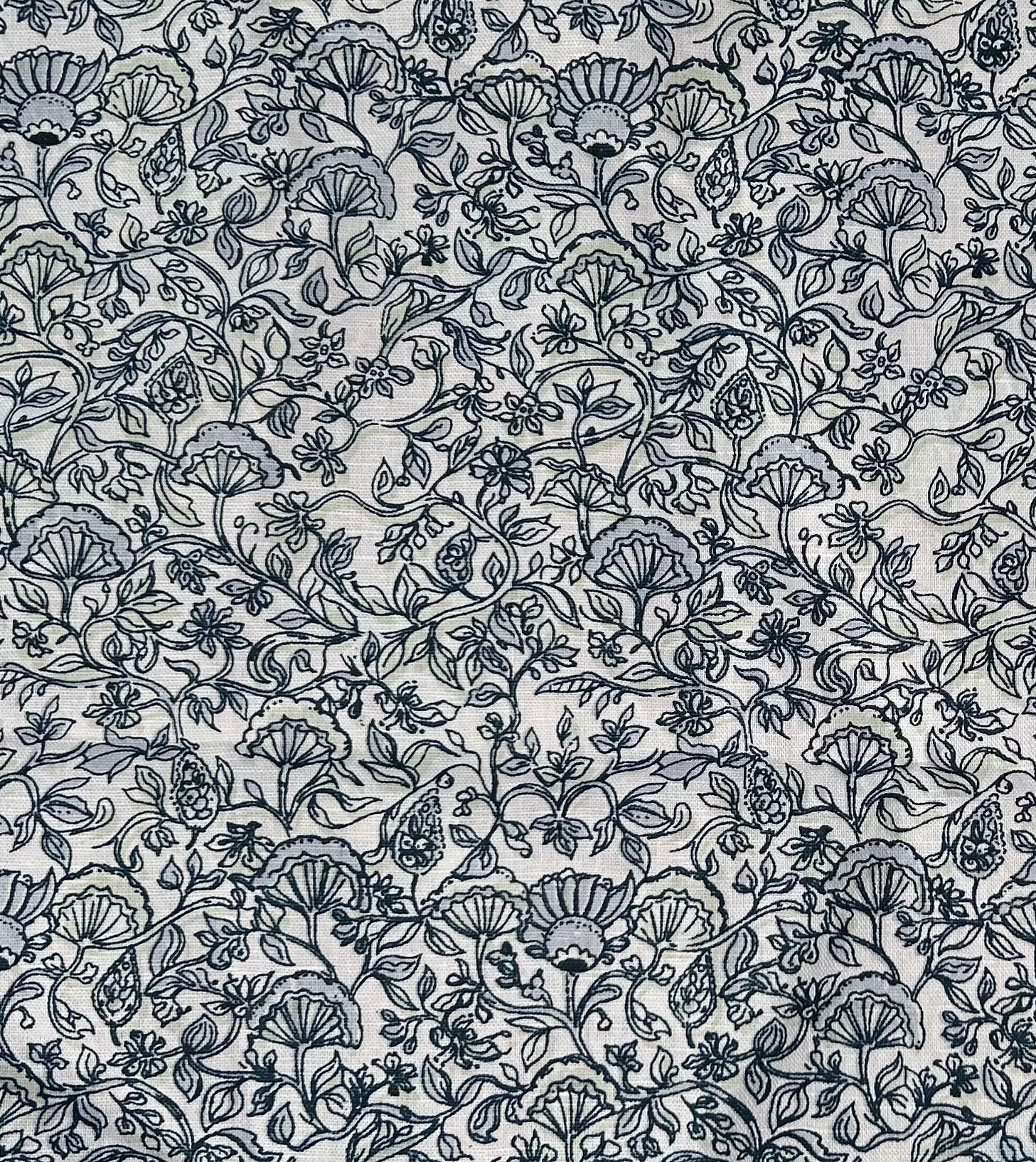 Three-layer floral repeat hand screen printed onto fabric, combining layered linework and flowing organic motifs
